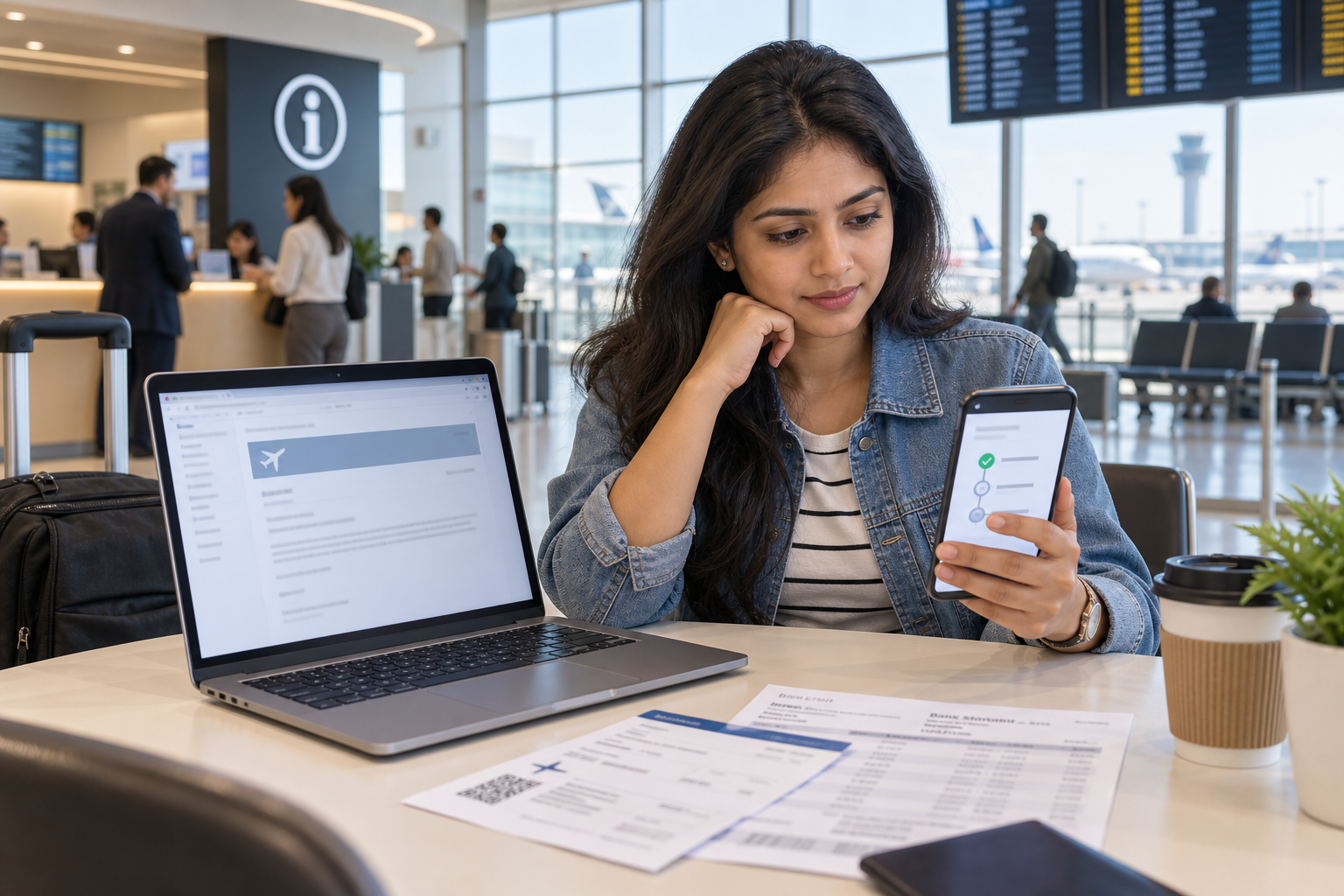 Traveller comparing airline and booking-agent refund records at an airport