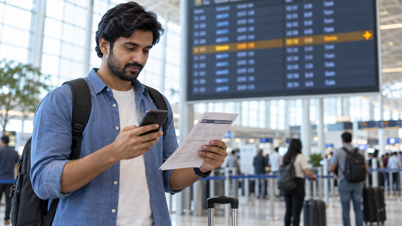Traveller reviewing an airline schedule-change notice and itinerary at an airport