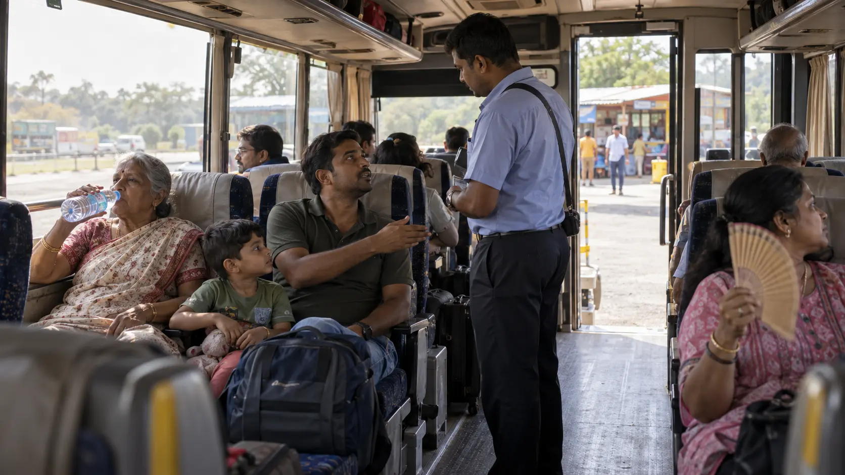 Passengers speaking with a bus conductor after the air conditioning stopped working