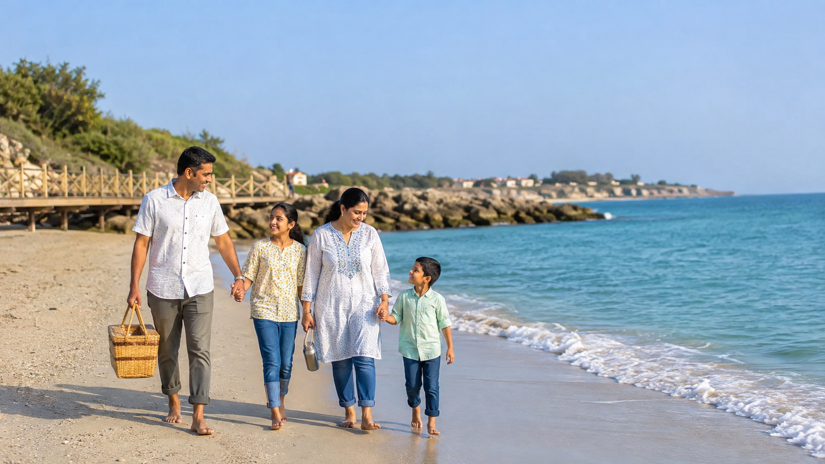 Gujarati family walking beside the clear water at Shivrajpur Beach near Dwarka