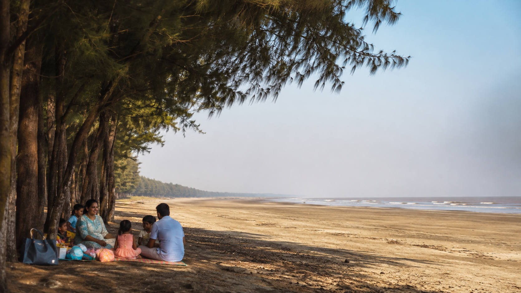 Family picnic under casuarina trees beside quiet Nargol Beach in Gujarat