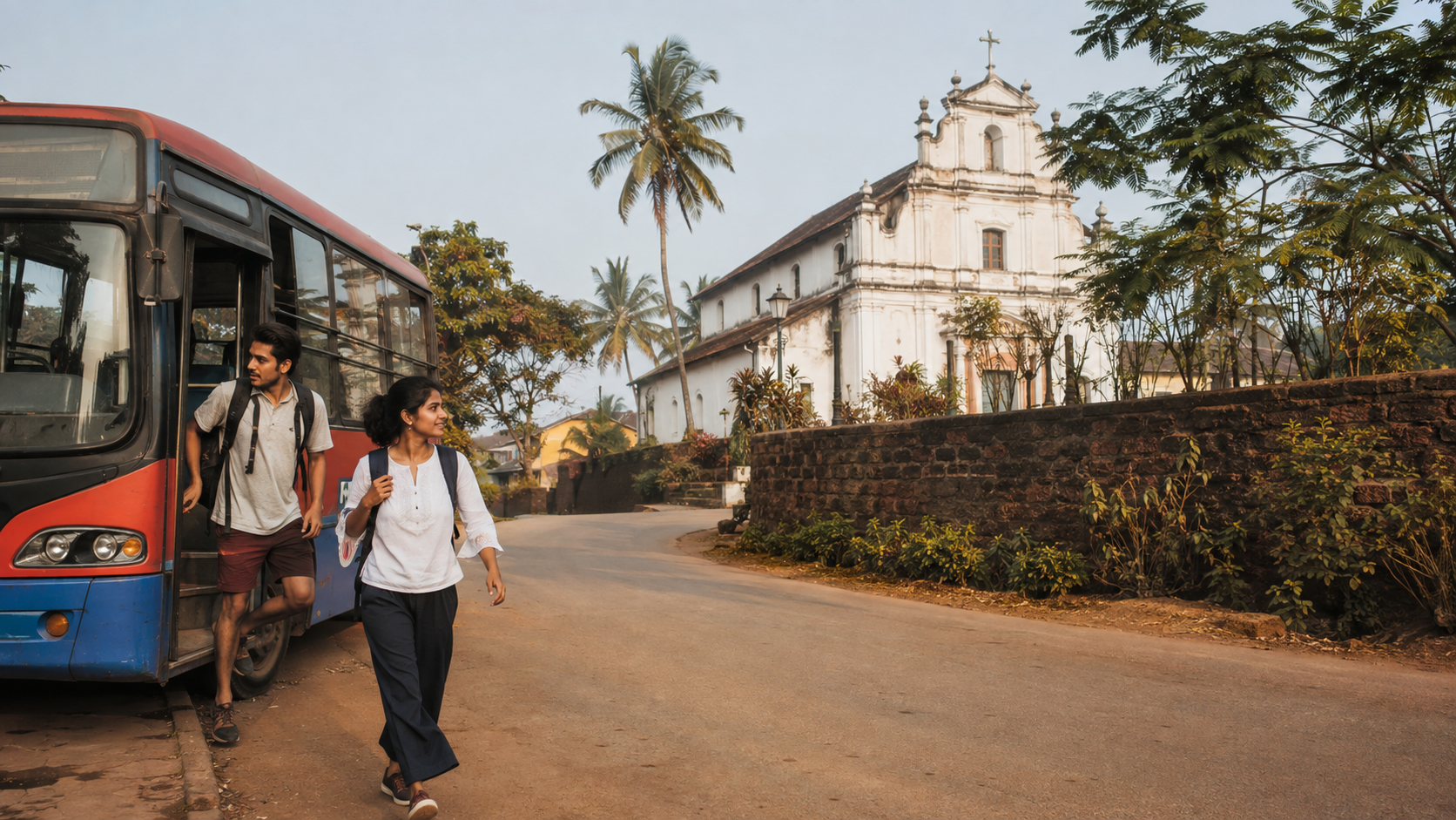 Budget travellers using a public bus near a quiet heritage church in Goa