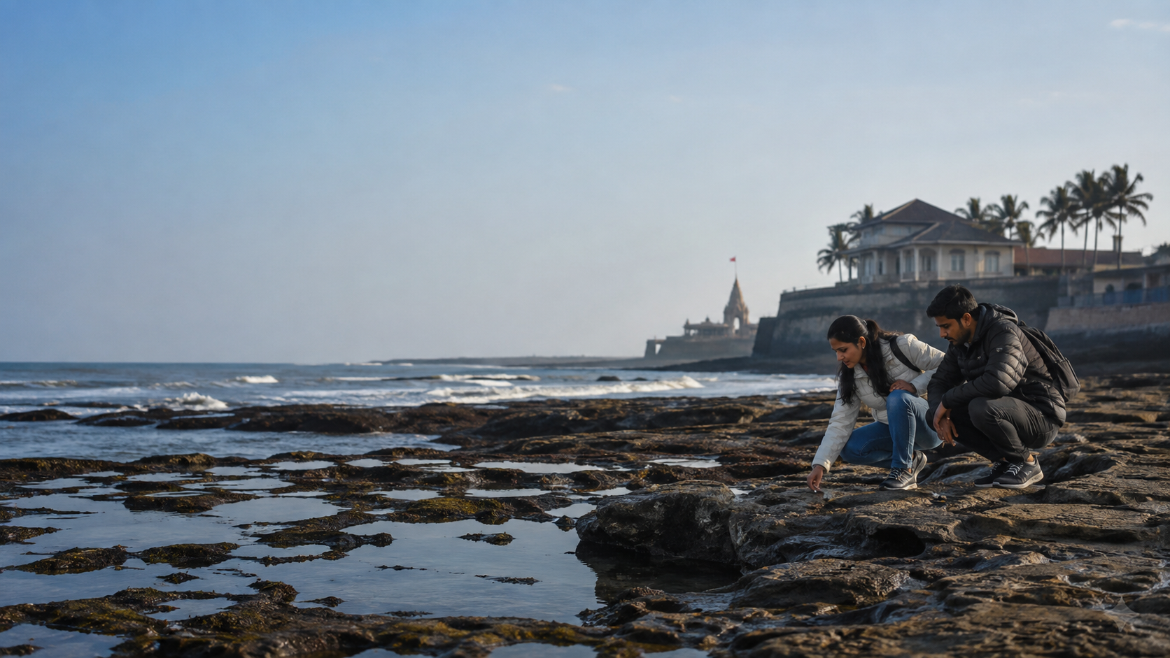 Travellers observing rocky tidal pools on the Gopnath coast near Bhavnagar