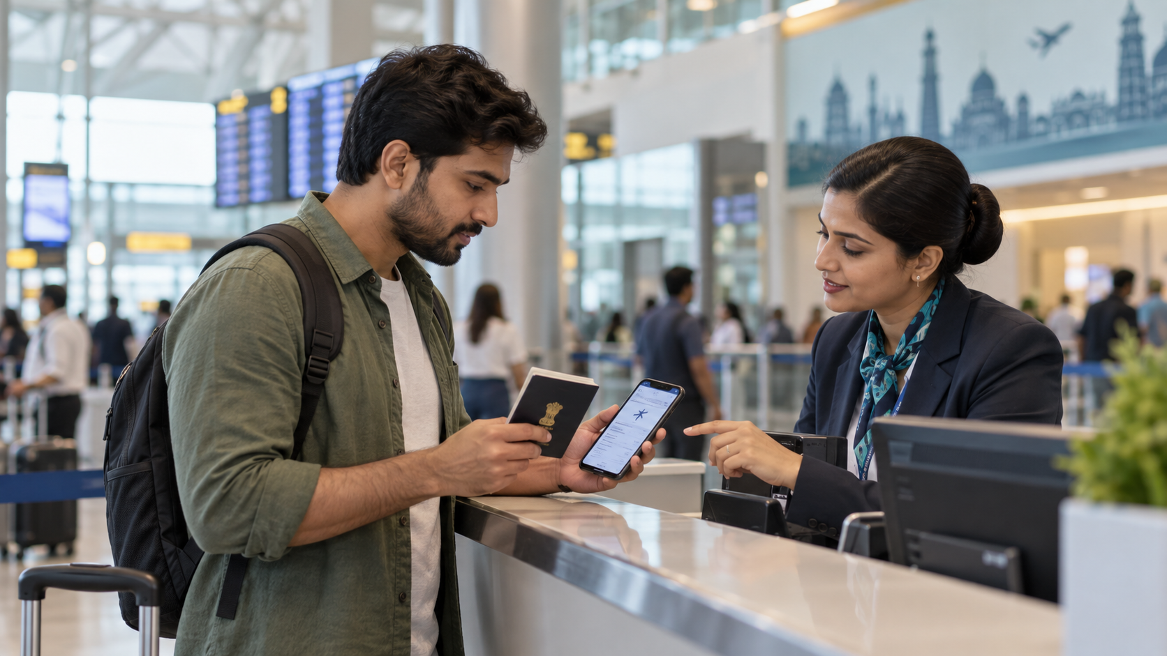 Traveller checking flight ticket details against a passport at an airport service counter