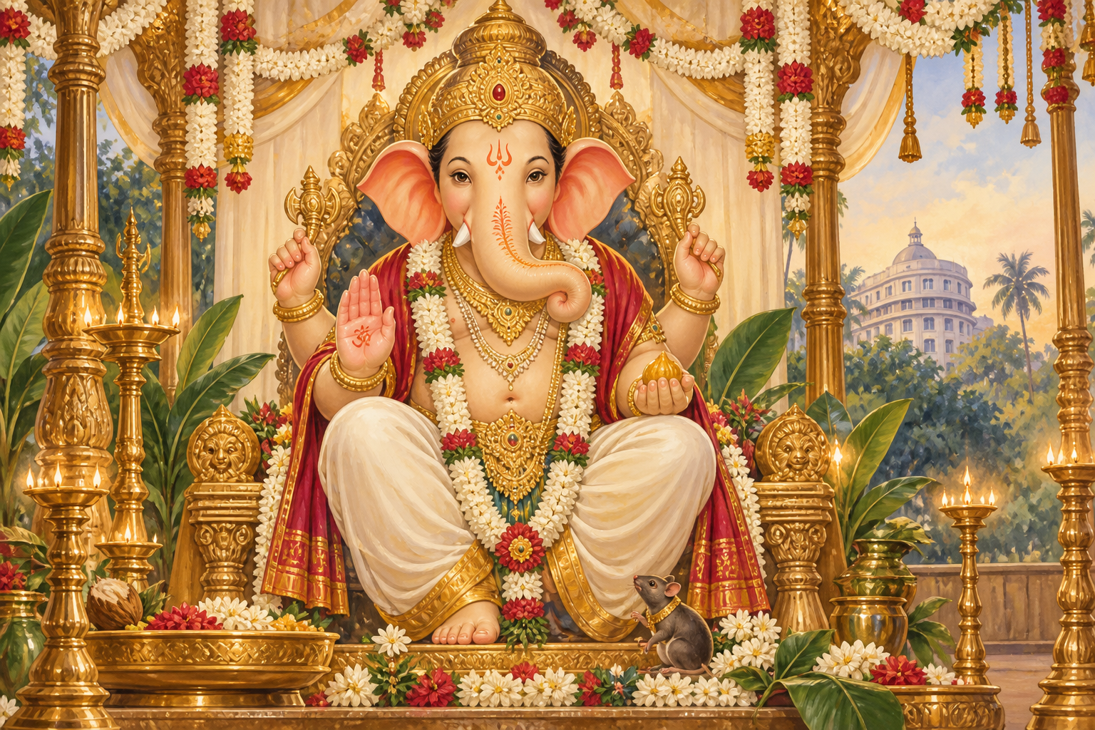 Illustration of Lord Ganesha with gold ornaments, flowers and lamps beneath a festive canopy