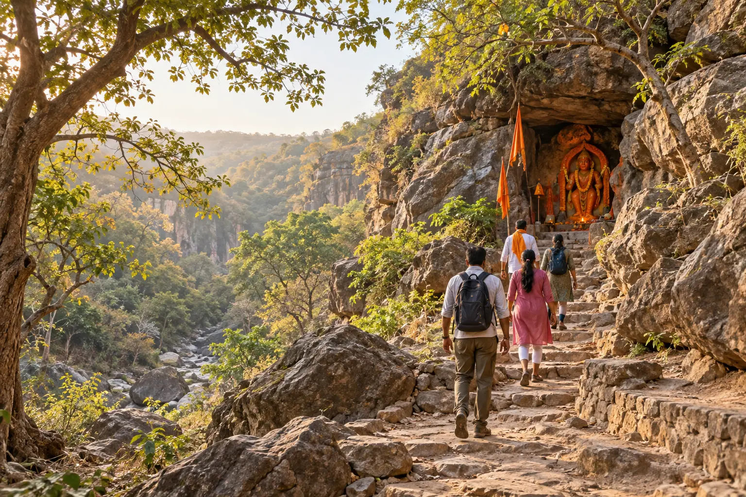 Illustrated view of pilgrims approaching a small Hanuman shrine in the rocky Gir-region forest landscape