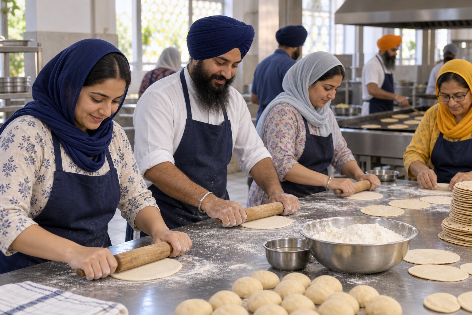 AI-generated illustration of volunteers with covered heads preparing chapatis for community meals