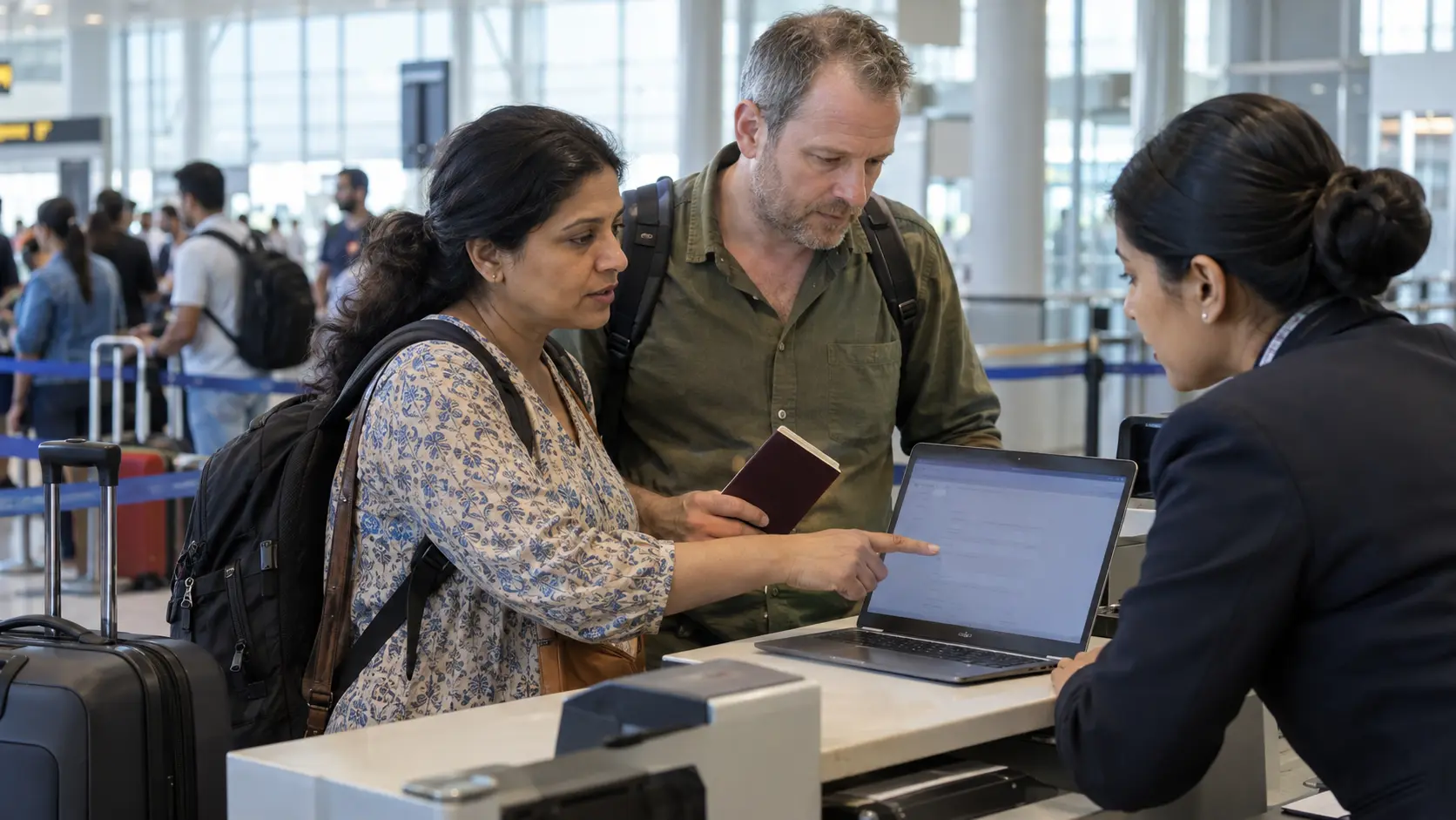 International travellers asking airport staff about a nationality field in a flight booking form