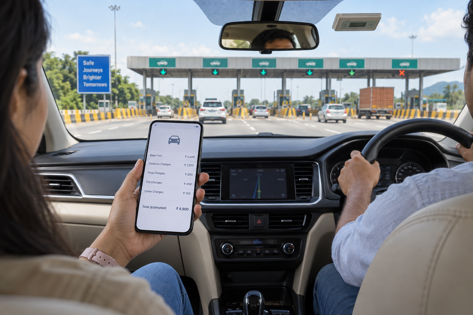 Passenger reviewing an outstation cab fare breakdown while approaching an Indian toll plaza