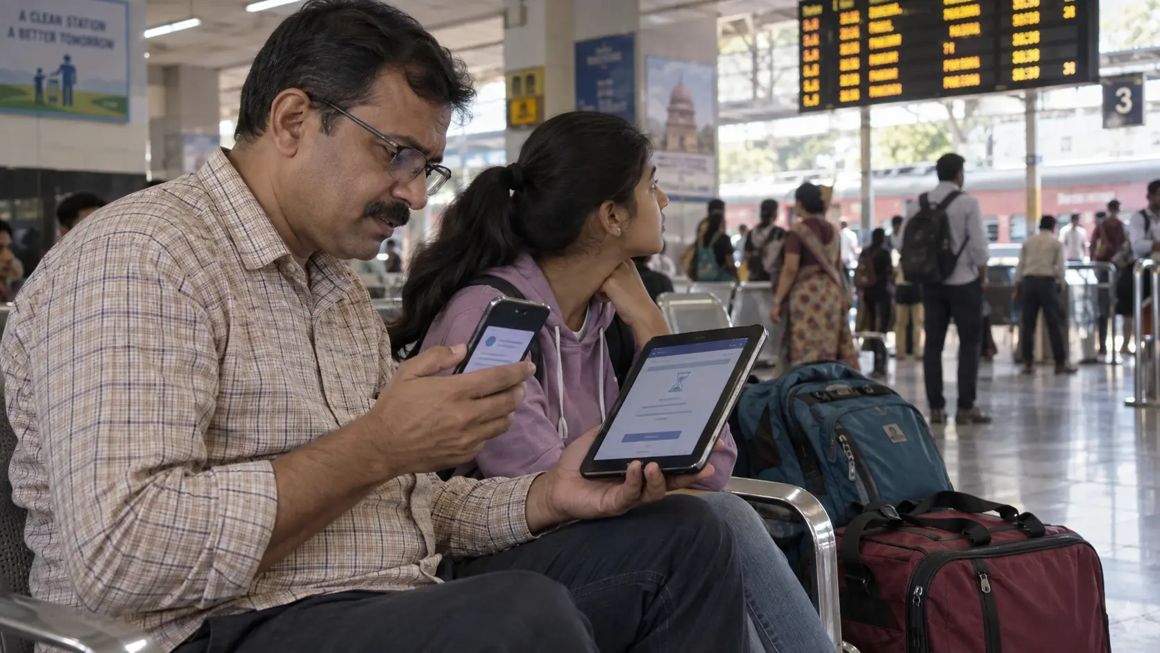 Father and daughter checking a pending travel booking after payment at a railway station
