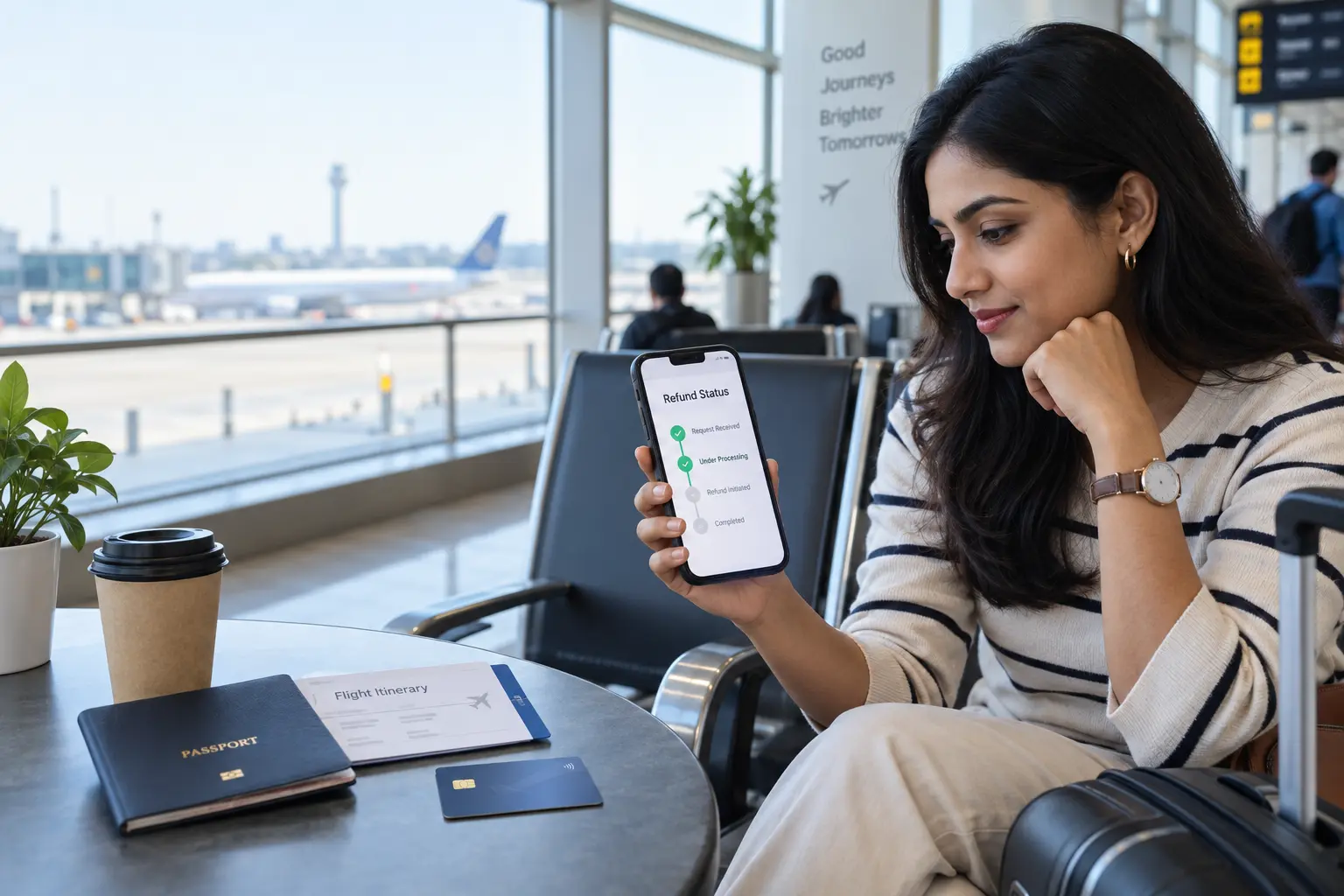 Traveller checking the progress of a delayed booking refund at an airport