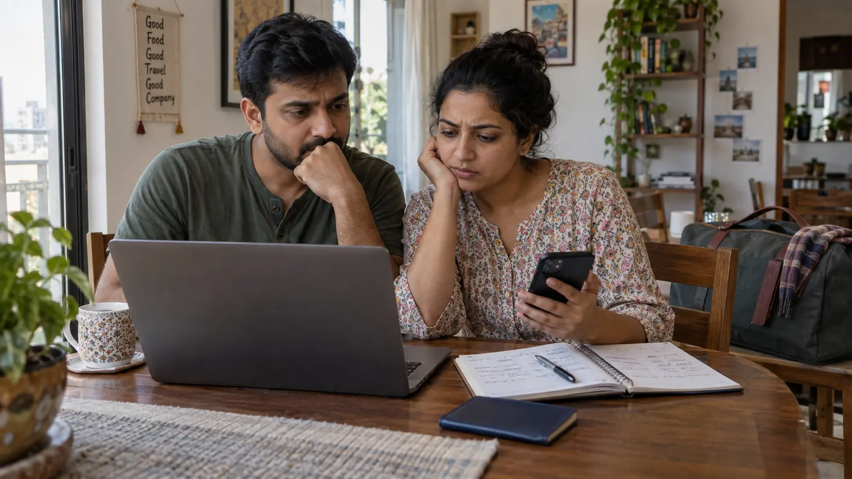 Indian travellers checking a travel voucher redemption problem on a laptop and phone