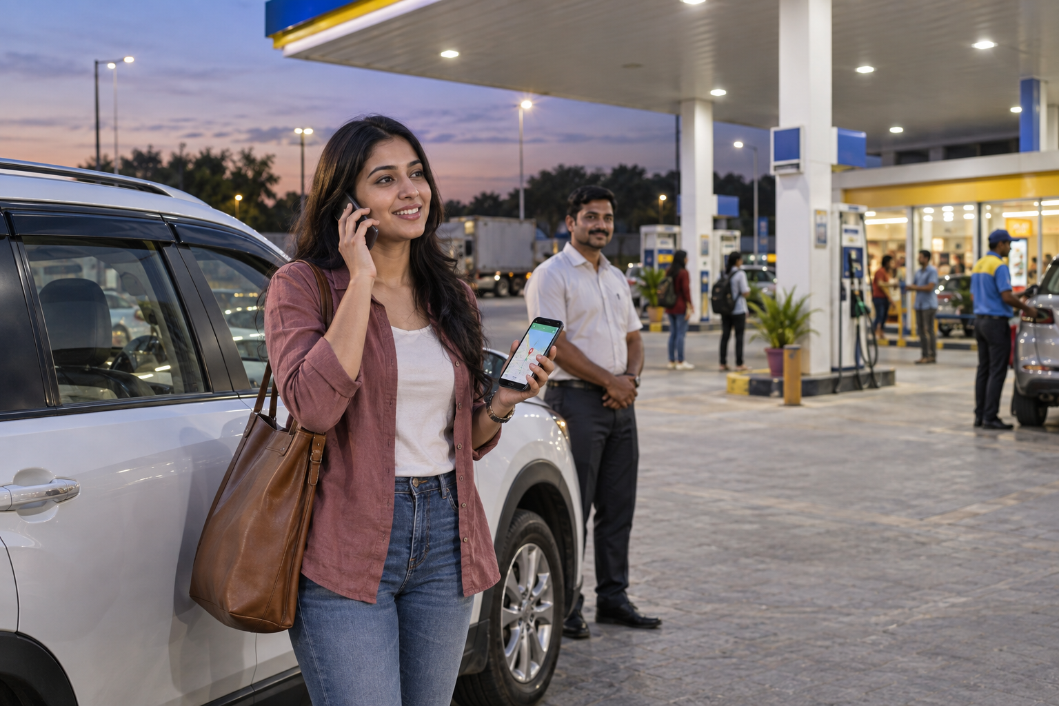 Traveller sharing her location beside a safely parked outstation cab at a populated fuel station