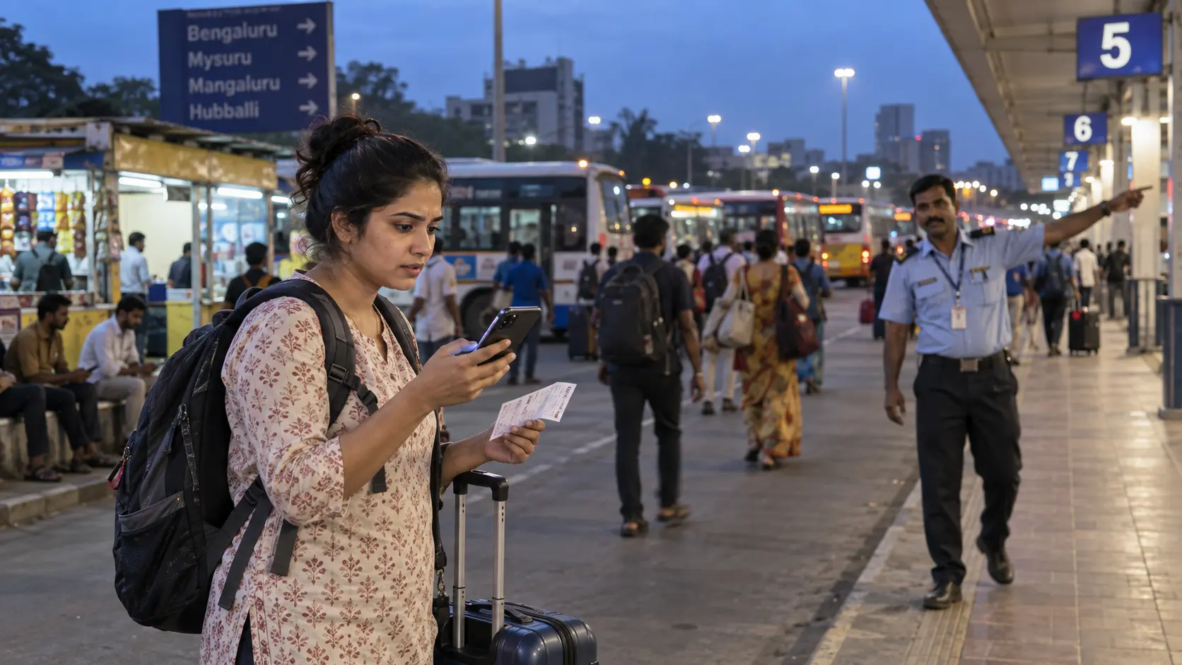 Traveller checking the correct intercity bus boarding point at an Indian terminal